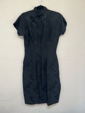 Vintage Qipao Chinese Black Silk Mandarin Collar Cheongsam Dress Sz S-M